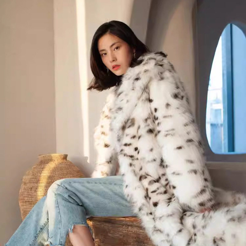 豹纹皮毛一体皮草外套女长款西装