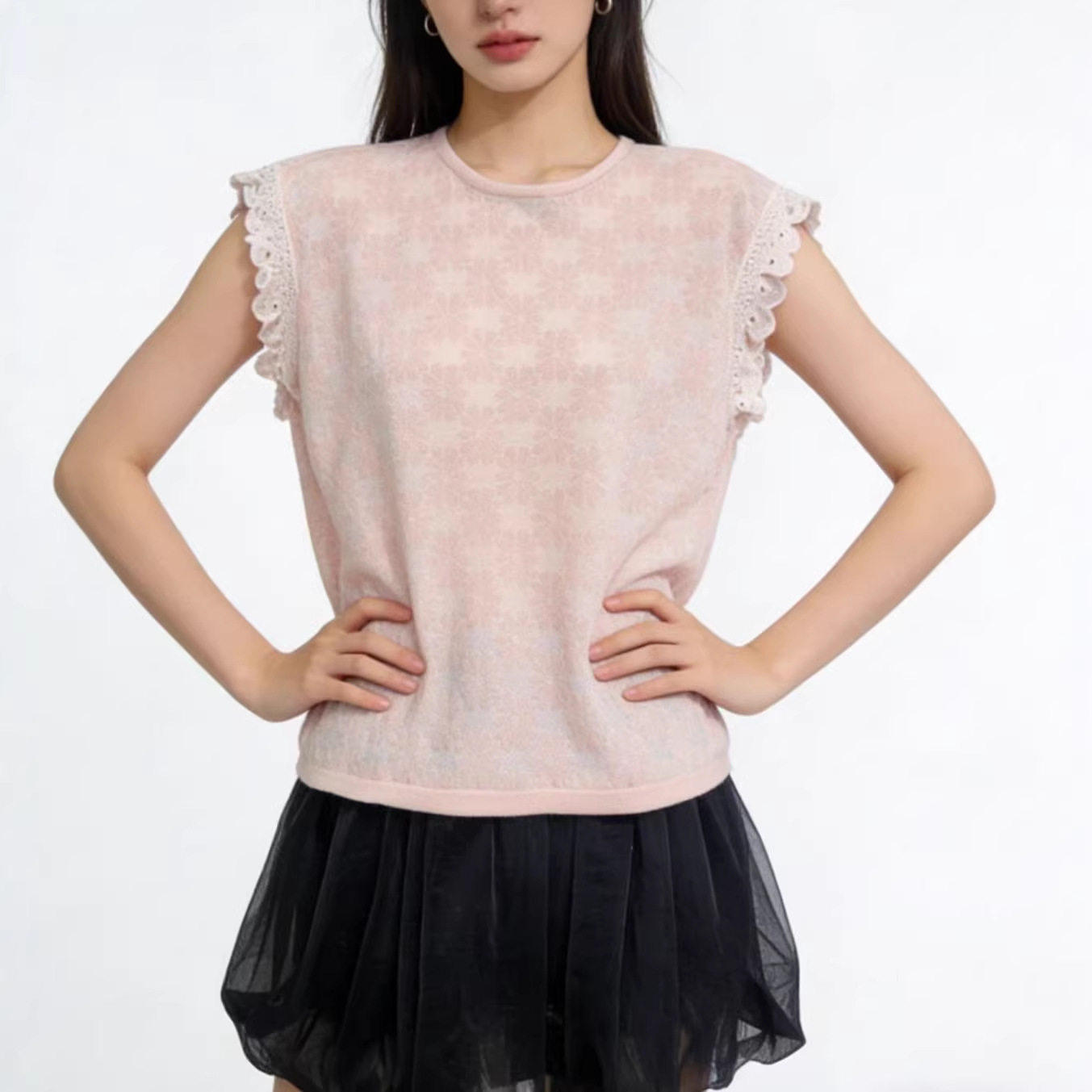 花边圆领蕾丝针织衫女2026夏装新款宽松慵懒风上衣薄短袖t恤衫潮