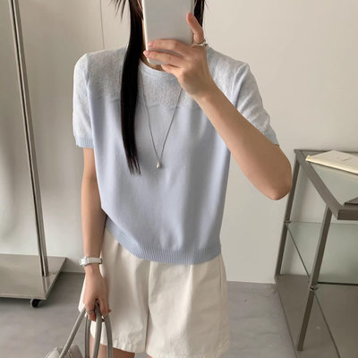 镂空钩花圆领短袖针织衫女春季2026新款气质宽松百搭薄款打底上衣