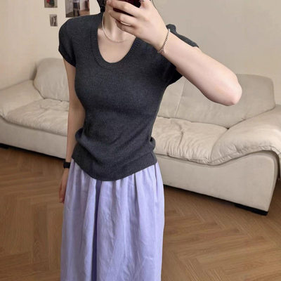 纯欲风U领时尚设计感毛针织衫女羊毛混纺修身显瘦百搭女装上衣