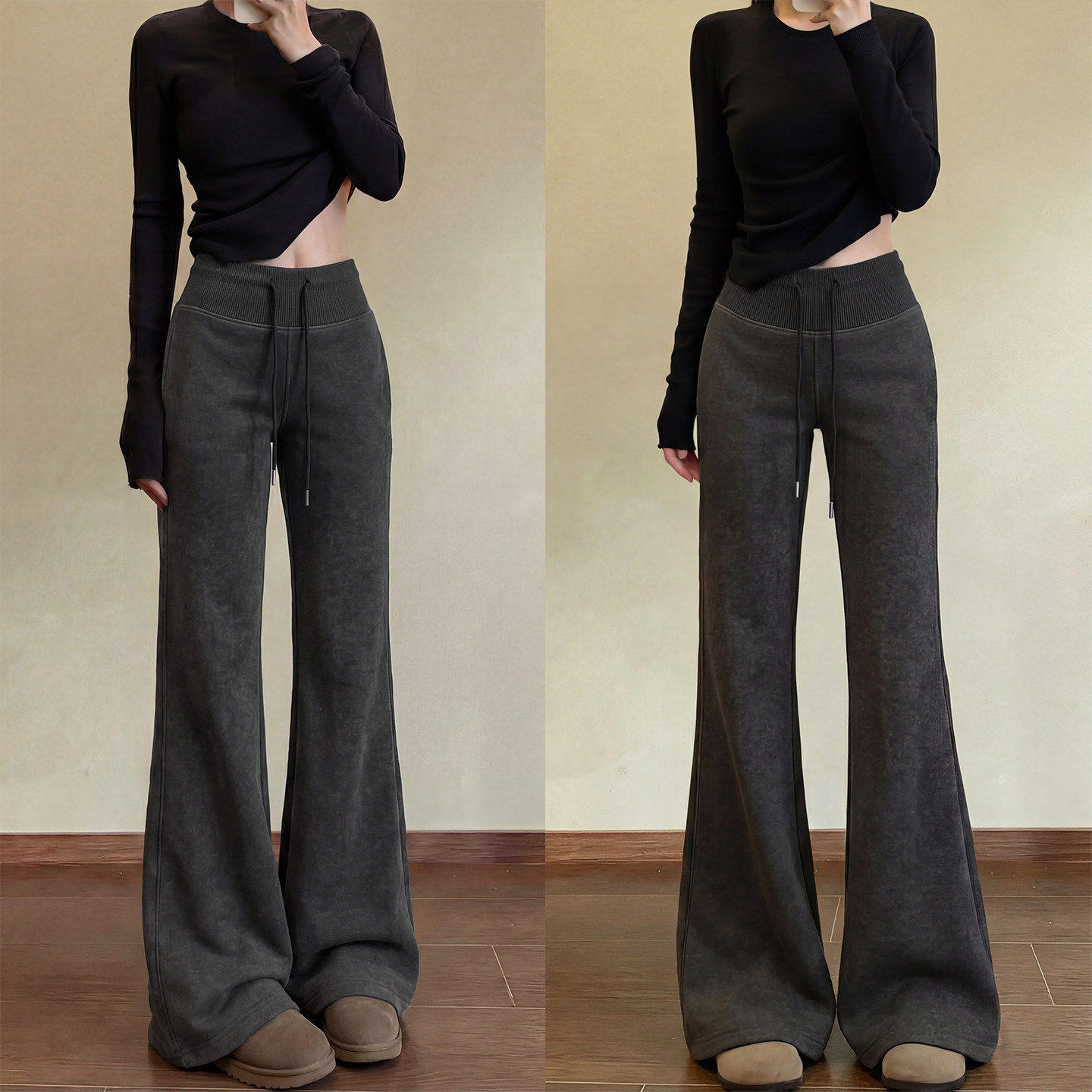 灰色喇叭运动裤女2026新款春季高腰修身显瘦小个子垂感微喇卫裤子