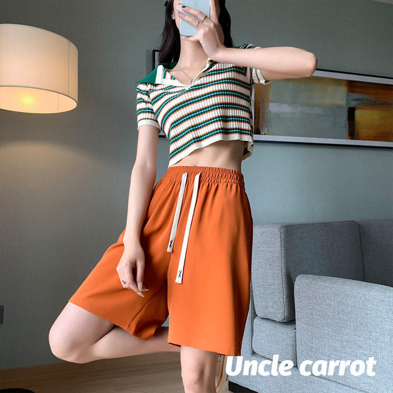 冰丝运动短裤女夏季薄款垂感宽松高腰小个子雪纺西装五分裤潮ins