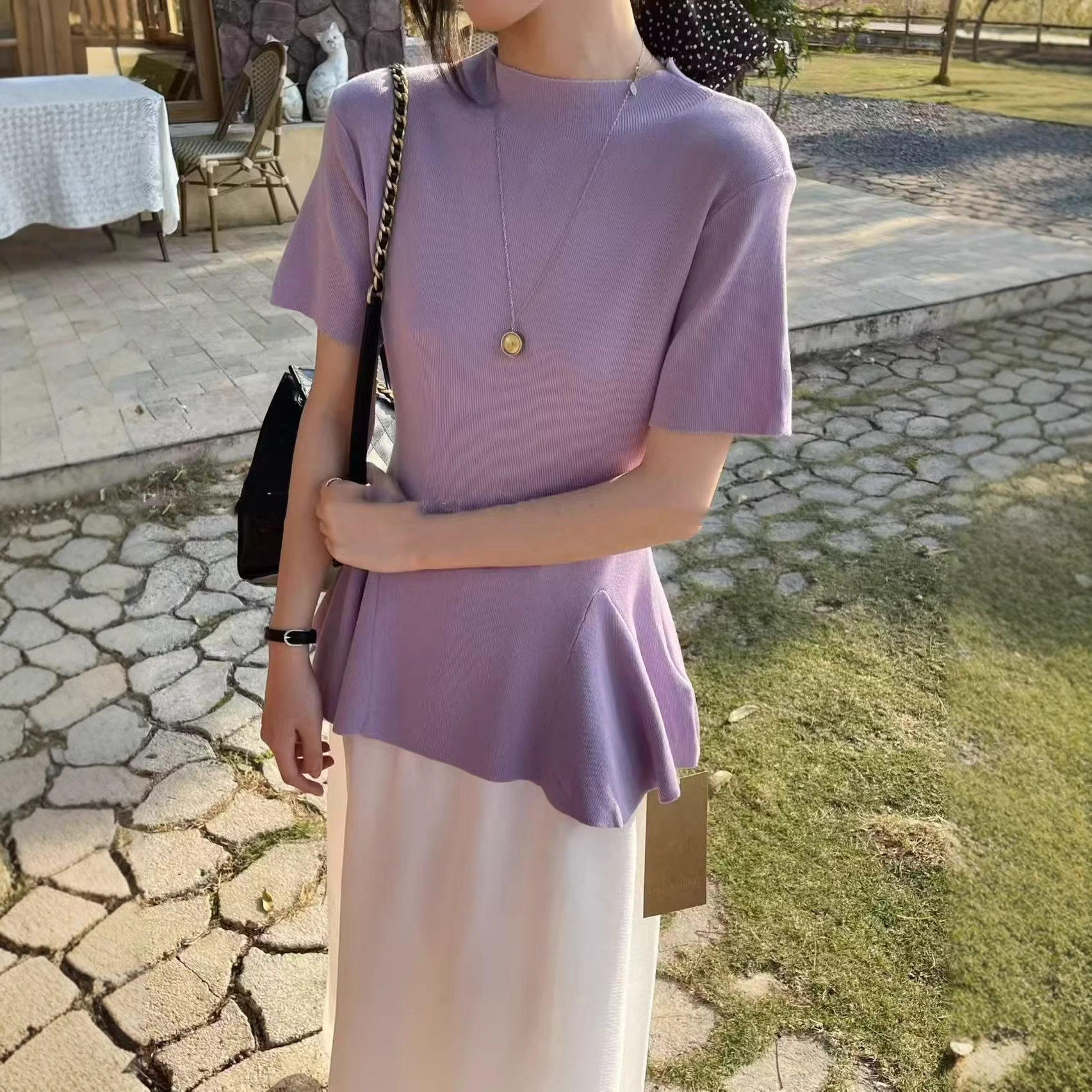 下摆荷叶边正肩短袖t恤女装2026新款春季小个子独特漂亮掐腰上衣