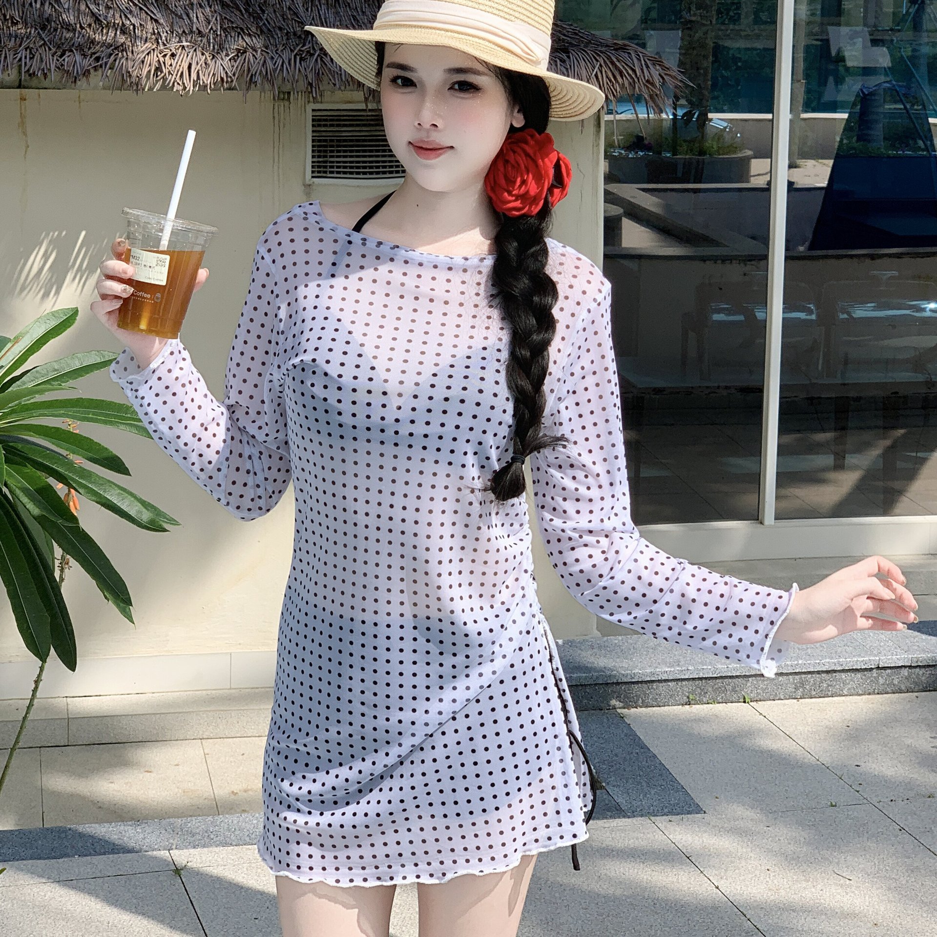 新款高级性感比基尼泳衣女士纯欲显瘦长袖罩衫绝美沙滩海边度假风