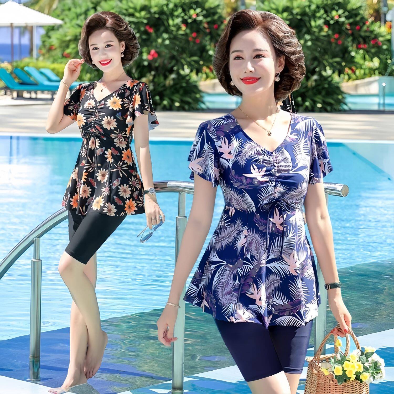中老年女士分体比基尼印花三角保守遮肚显瘦妈妈游泳装夏