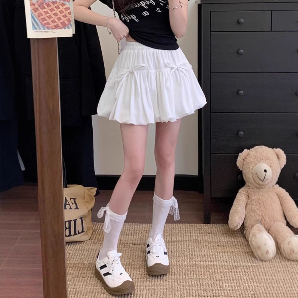 白色半身裙女夏季设计感蝴蝶结绑带蓬蓬裙子甜美风A字短裙花苞裙