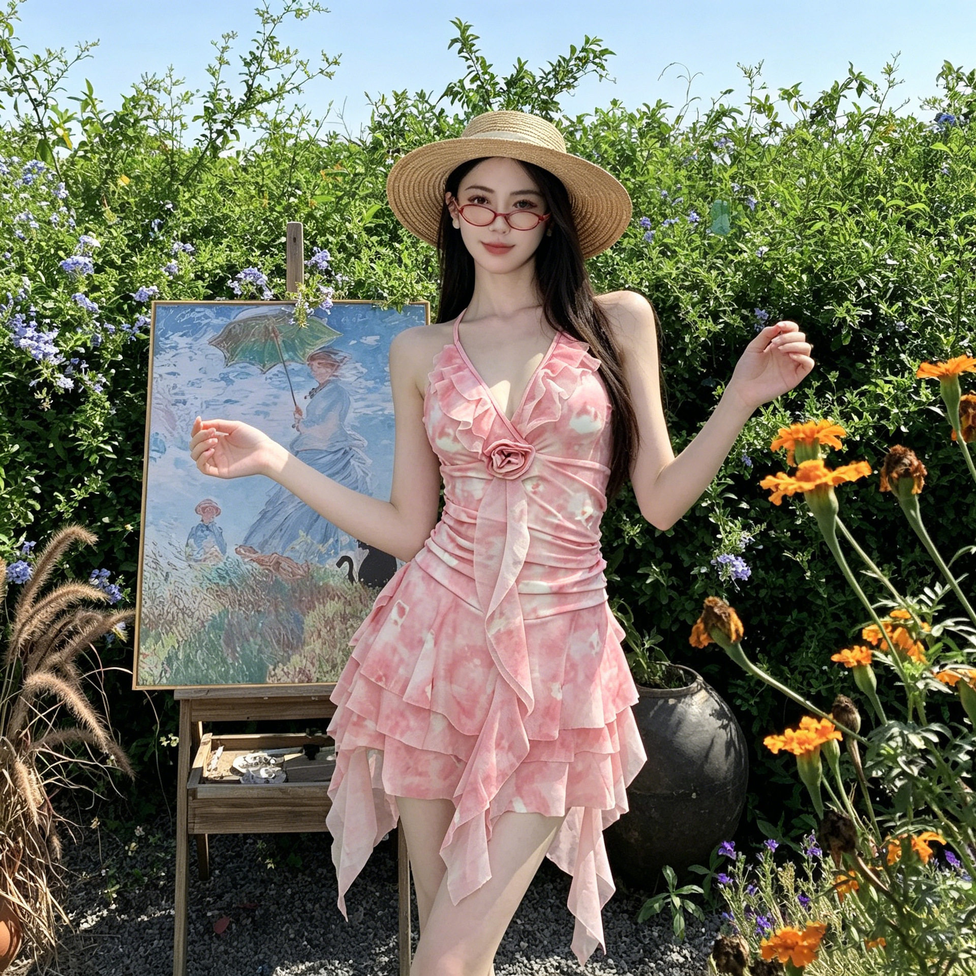 花海系列小清新仙女温泉度假连体游泳衣女保守显瘦印花泳装批发女