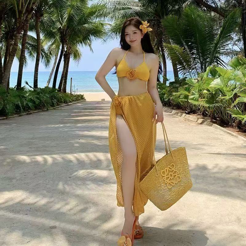 新款大码微胖分体长裙四件套海边度假泳衣女比基尼分体高级性感辣