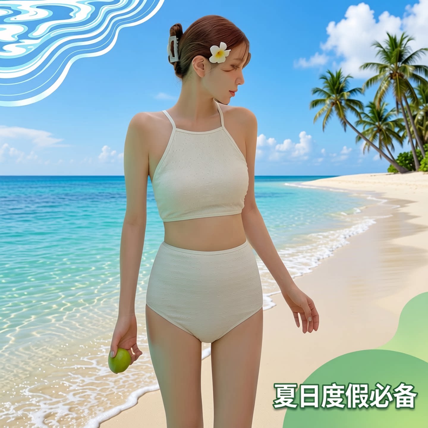 小清新韩版白色分体比基尼三件套