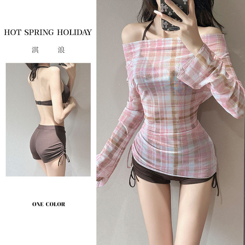 新款女分体泳衣三件套复古格子小清新长袖罩衫性感露背辣妹纯欲风