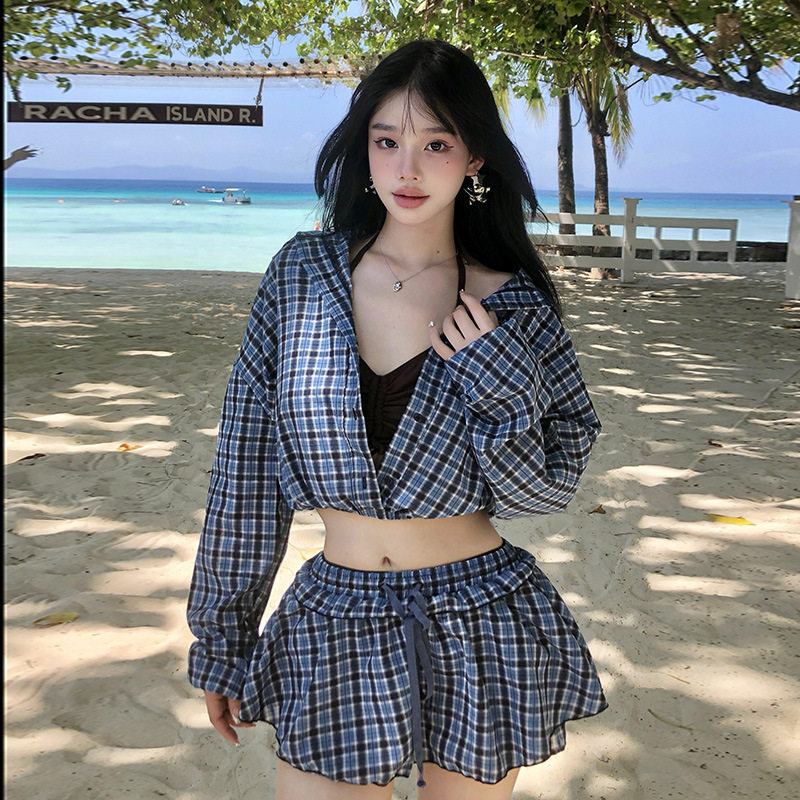 日系新款复古格子长袖罩衫裙式分体四件套学生少女温泉度假泳衣女