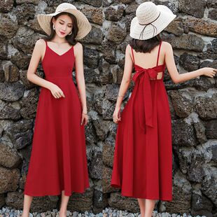 2024新款夏沙滩裙女长裙海边矮个子吊带露背连衣裙长款性感仙女裙