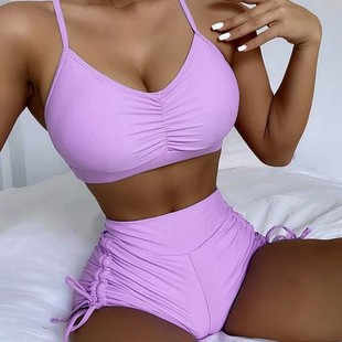 纯色新款抽褶欧美泳衣女分体高腰平角裤抽绳显瘦比基尼泳装批发