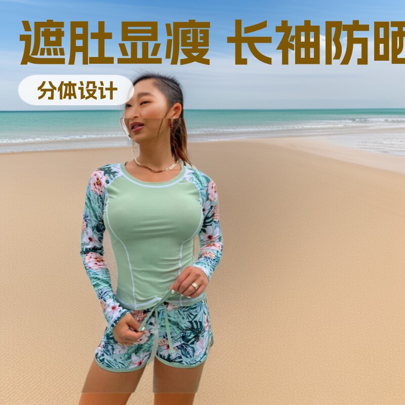 26欧美大胸比基尼泳衣女士温泉保守性感印花分体平角平角泳衣女