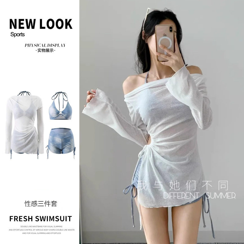 泳衣女高级感2026新款扎染性感遮肚分体比基尼罩衫三件套泳装批发