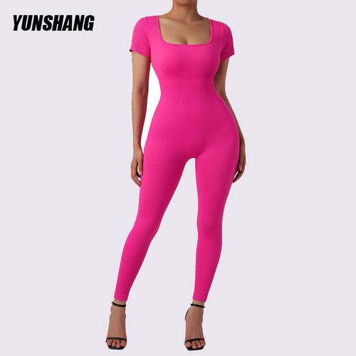 秋冬新款欧美裸感紧身提臀连体瑜伽服健身服无缝螺纹瑜伽连体衣
