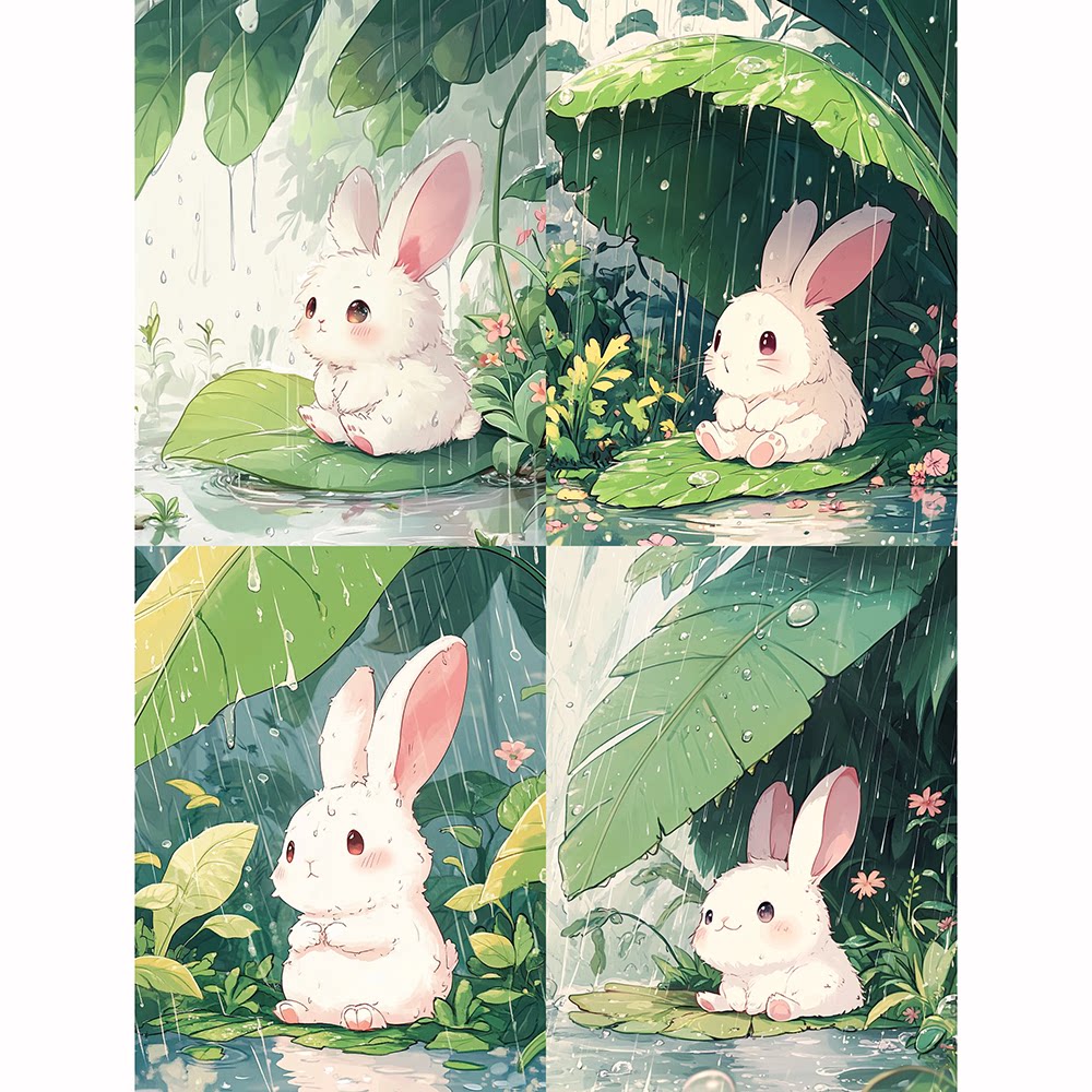 带框钻石画雨中兔子钻石绣diy卡通马赛克粘贴画学生手工作业