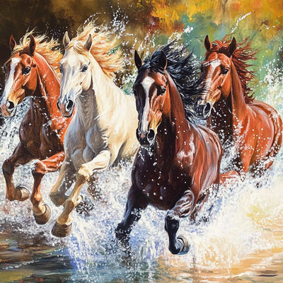 带框钻石画踏水骏马diy钻石绣卡通马赛克拼图粘贴画相框画