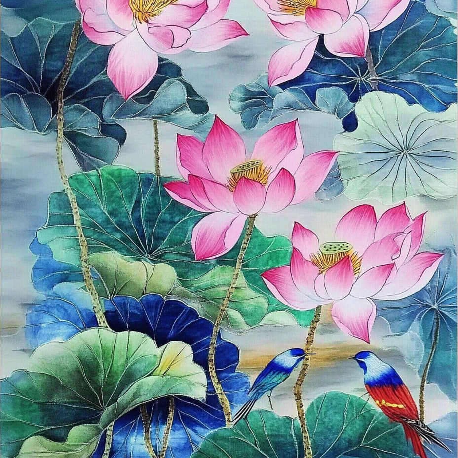 带框钻石画荷花小鸟diy钻石绣卡通马赛克拼图粘贴画相框画