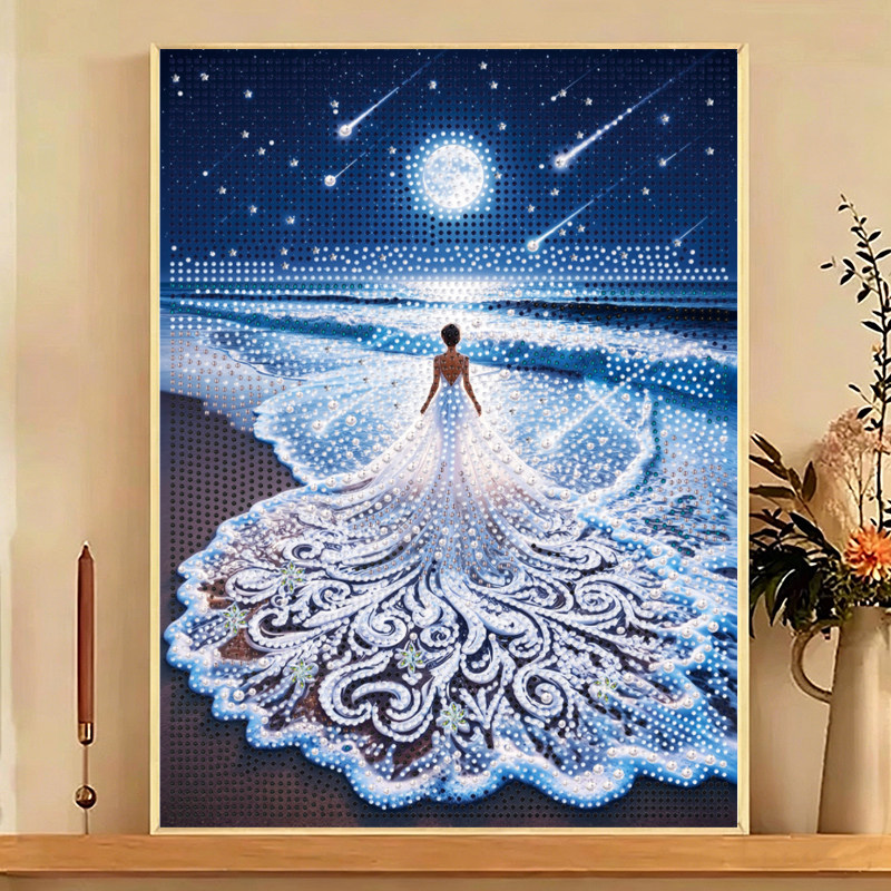 钻石画diy海边婚纱亮钻珍珠画拼图粘贴点钻画手工学生作业礼物