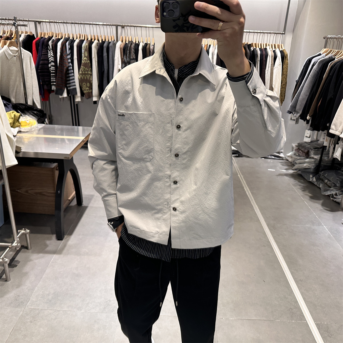 春季老钱风复古衬衫拼接双层领夹克男轻奢简约通勤短款翻领外套潮,男装,夹克,淘宝优惠券,粉丝福利购,淘宝优惠卷