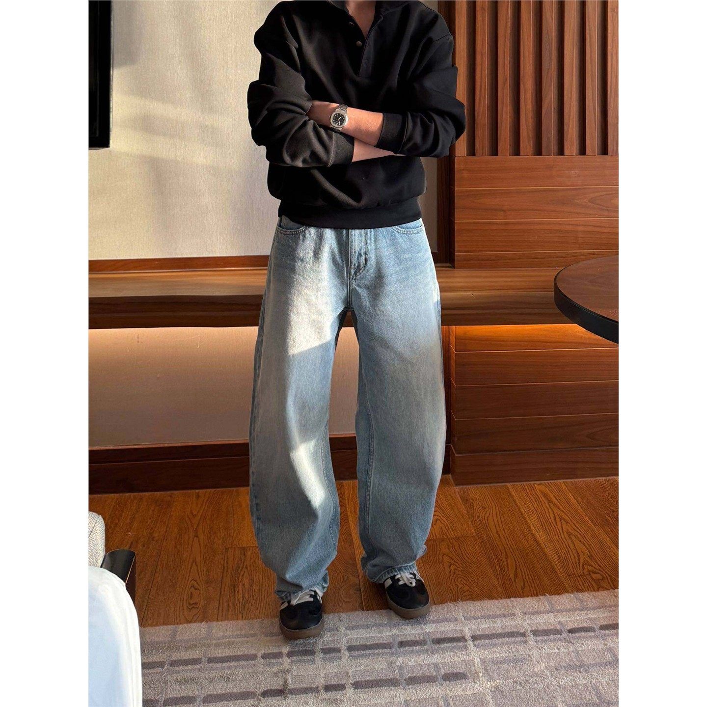 美式复古重工水洗浅蓝色弯刀牛仔裤男春季宽松痞帅直筒阔腿香蕉裤,男装,牛仔裤,淘宝优惠券,粉丝福利购,淘宝优惠卷