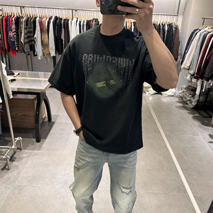 高街情侣半袖 夏季 T恤潮牌痞帅高克重字母烫钻上衣美式 短袖 潮t 男士