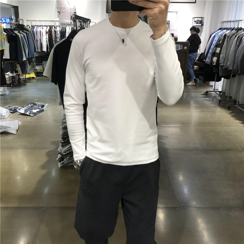 2025春秋新款圆领简约长袖T恤男卫衣韩版修身弹力纯色打底净版t潮