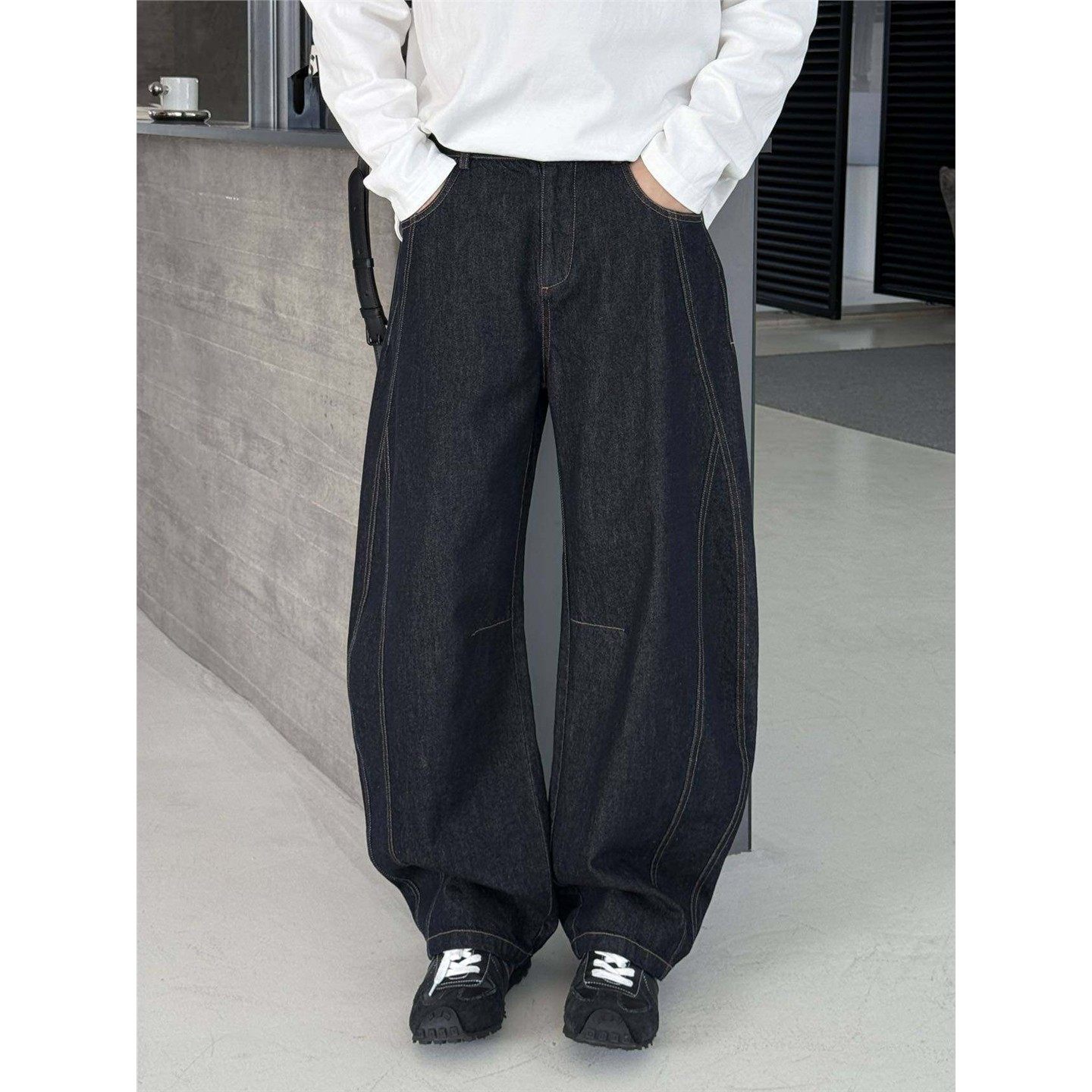 美式复古缉明线拼接普洗深蓝色弯刀牛仔裤男春季百搭宽松痞帅长裤,男装,牛仔裤,淘宝优惠券,粉丝福利购,淘宝优惠卷