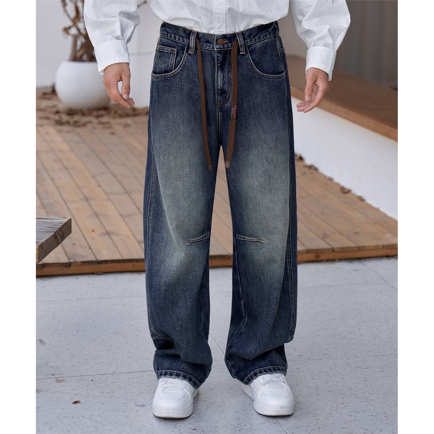 冬季男高端复古水洗磨毛阔腿牛仔裤美式宽松保暖直筒弯刀长裤
