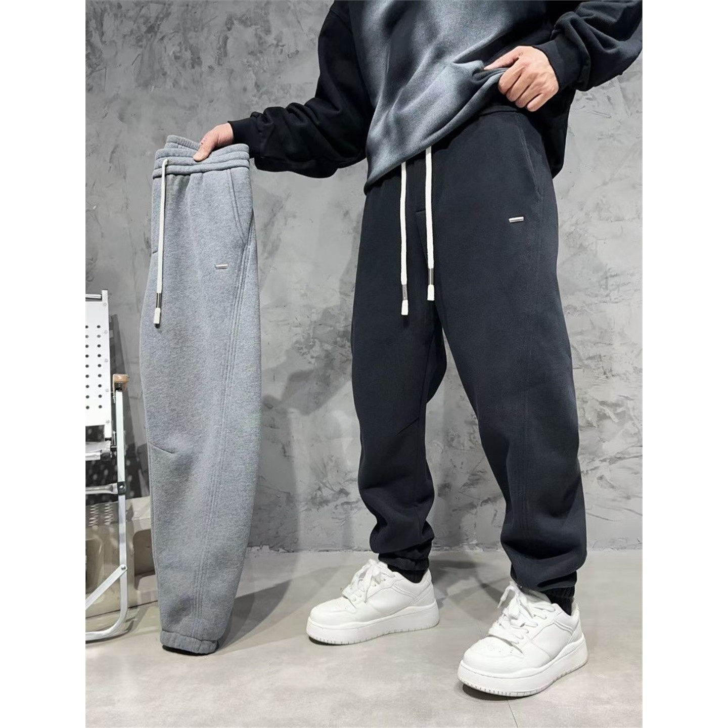 简约小标刺绣束脚加绒休闲裤男冬季韩版百搭加厚保暖针织运动卫裤