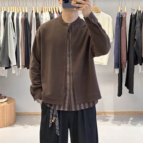 条纹衬衫假两件亨利领针织开衫