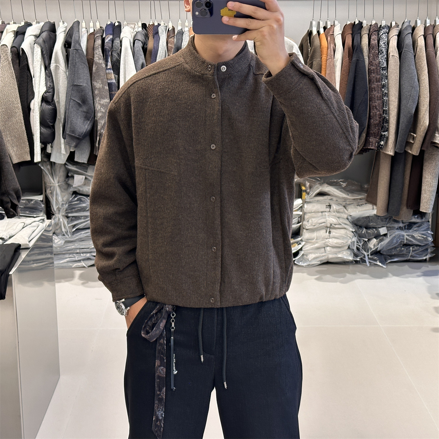 老钱风立领羊毛呢羽绒服男