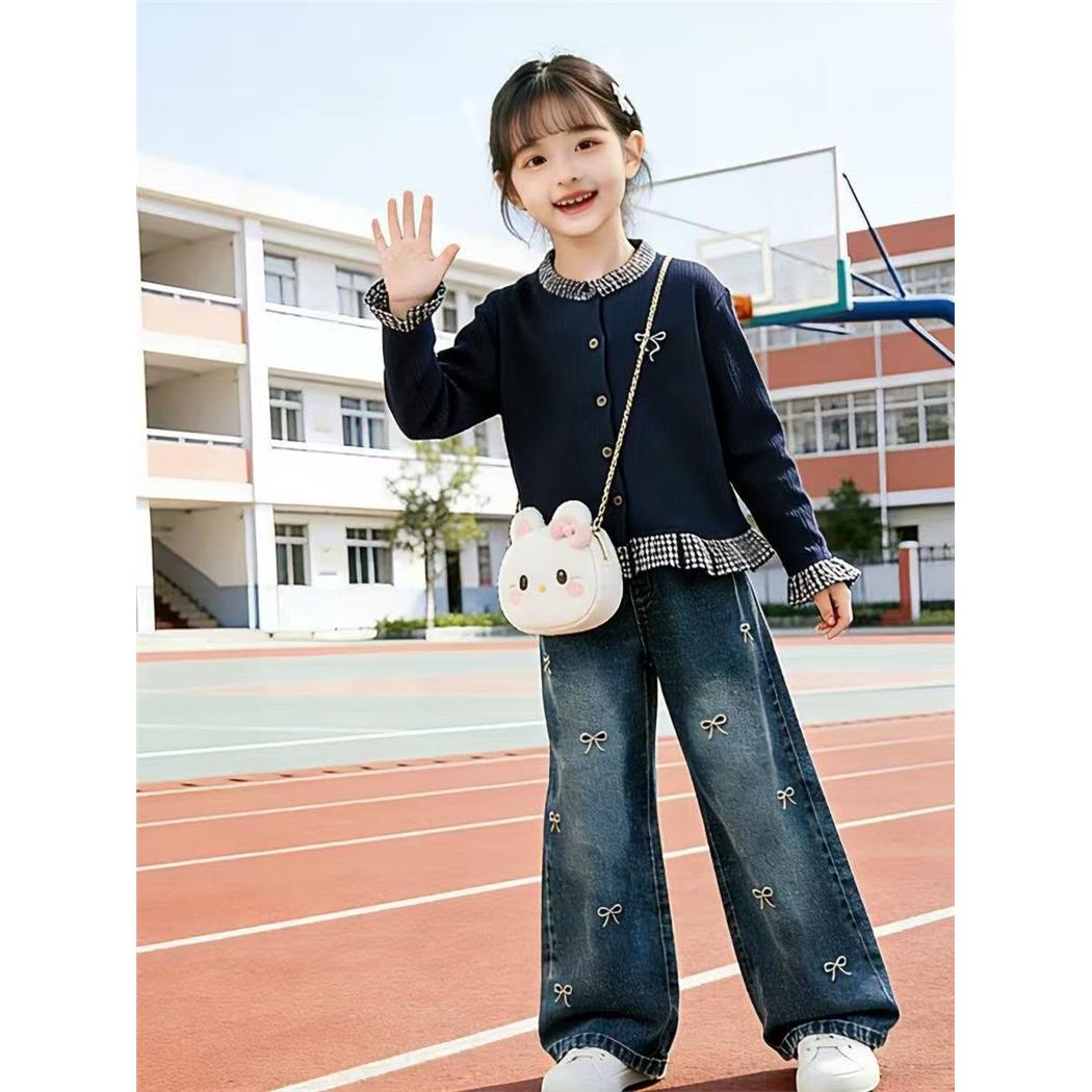 早秋女童套装2026新款中大儿童花边开衫长袖上衣牛仔阔腿裤两件套