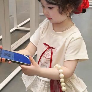 两件套 女童夏季 套装 2025女宝宝甜美蝴蝶结荷叶边短袖 上衣牛仔裤