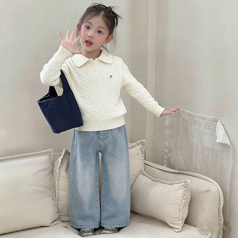 女宝学院风套装春季2026新款儿童洋气娃娃领针织衫闪闪烫钻牛仔裤