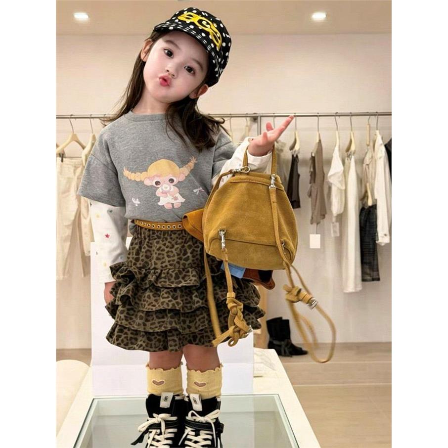 女宝秋季套装2026新款儿童洋气卡通假两件长袖T恤卫衣豹纹蛋糕裙