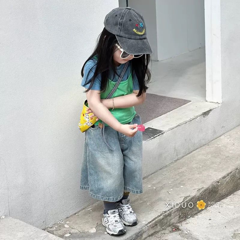 韩版女童夏季款童装碎花吊带花边背心T恤纯色阔腿牛仔裤三件套装