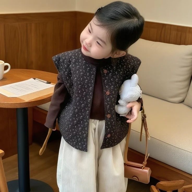 女宝森系碎花夹棉马甲外套深秋穿搭2025新款儿童保暖外穿坎肩背心