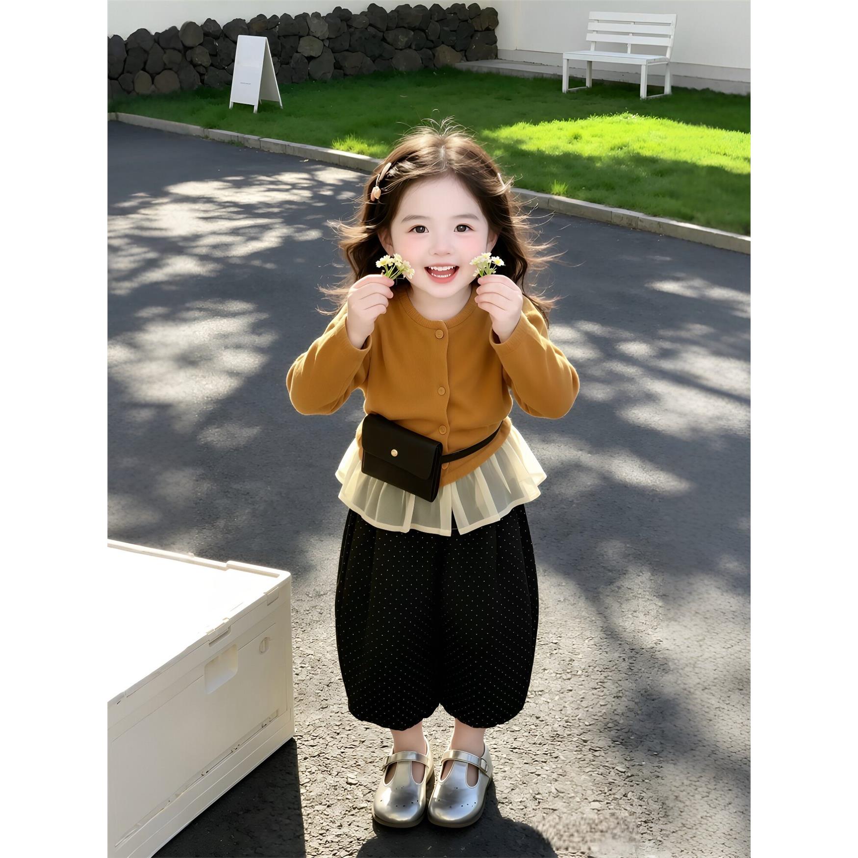 女宝早秋针织衫2026新款儿童洋气毛衣开衫上衣小女孩薄款外套套装
