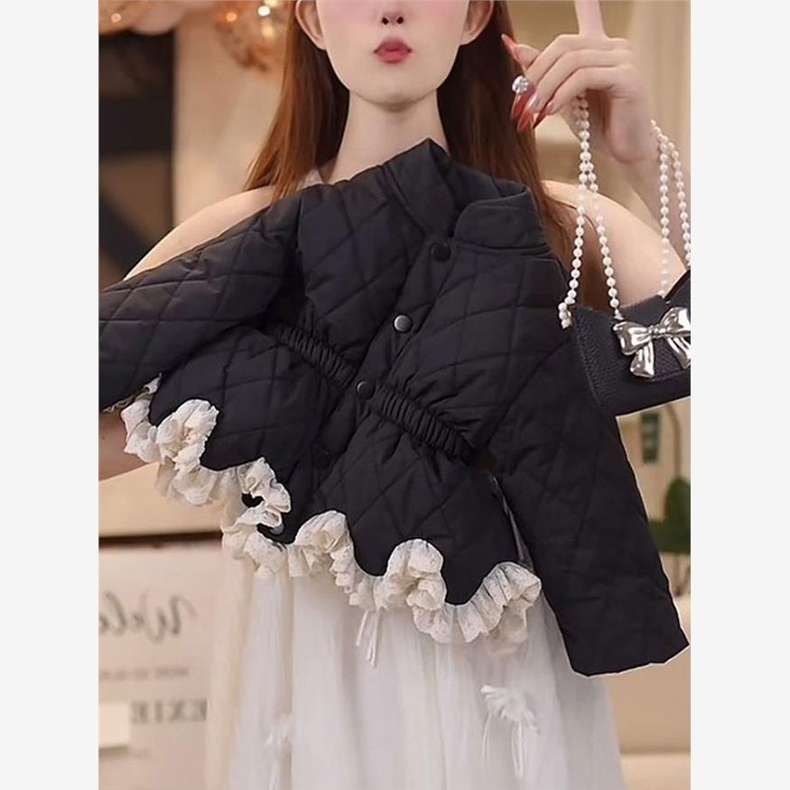 女宝红色收腰棉服外套秋冬季2025新款儿童保暖加厚花边棉衣百搭潮