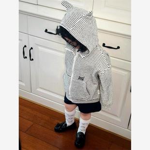 女童韩系条纹恶魔角外套春秋季2025新款儿童宝宝洋气连帽开衫上衣