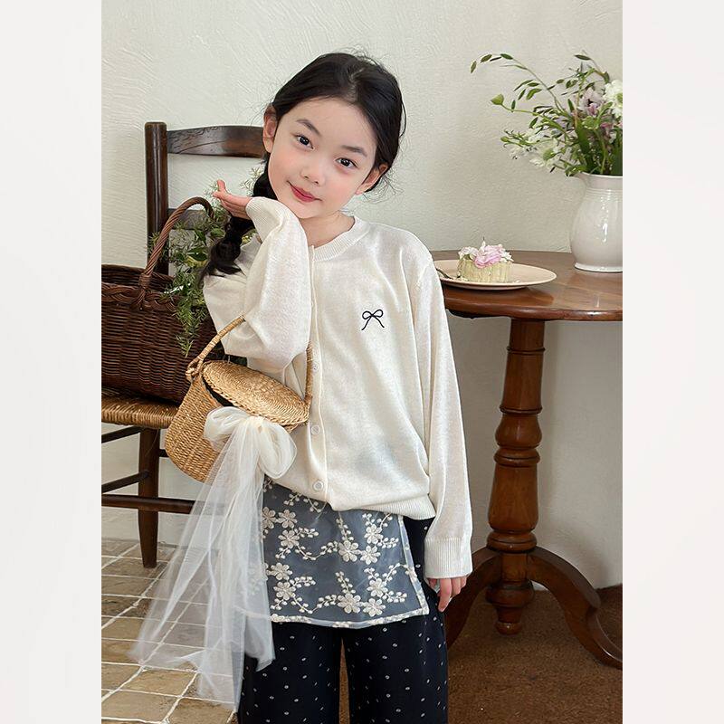 女童韩版轻薄蝴蝶结针织开衫外套春夏季2026新款儿童防晒绣花外搭
