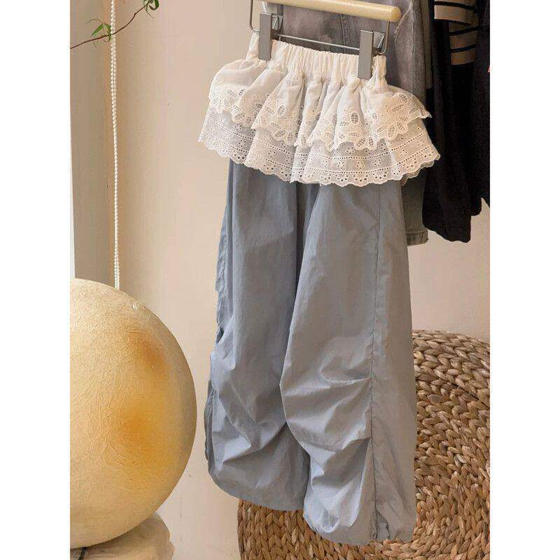女宝蕾丝屁帘工装裤子春季2026新款儿童洋气休闲百搭韩国阔腿长裤