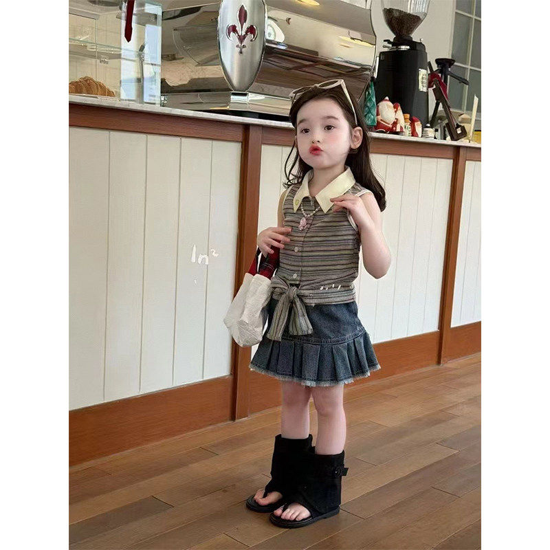 韩系女童2026夏季新款无袖系带洋气儿童条纹短牛仔裙背心两件套潮