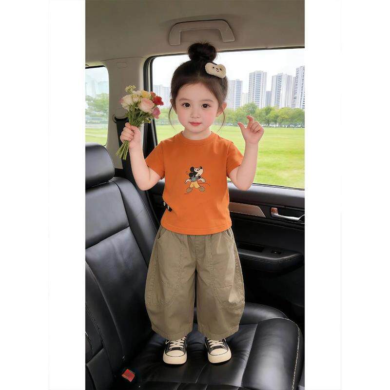女宝洋气套装2026款春夏季儿童米奇短袖T恤工装弯刀阔腿裤两件套