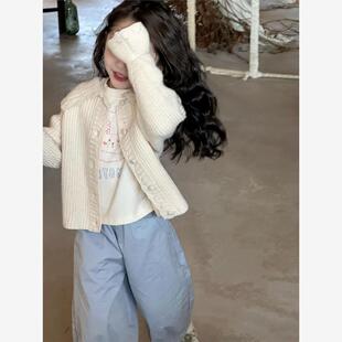 2025秋季新款韩版女童翻领纯色毛衣开衫外套蓝色宽松阔腿裤套装潮