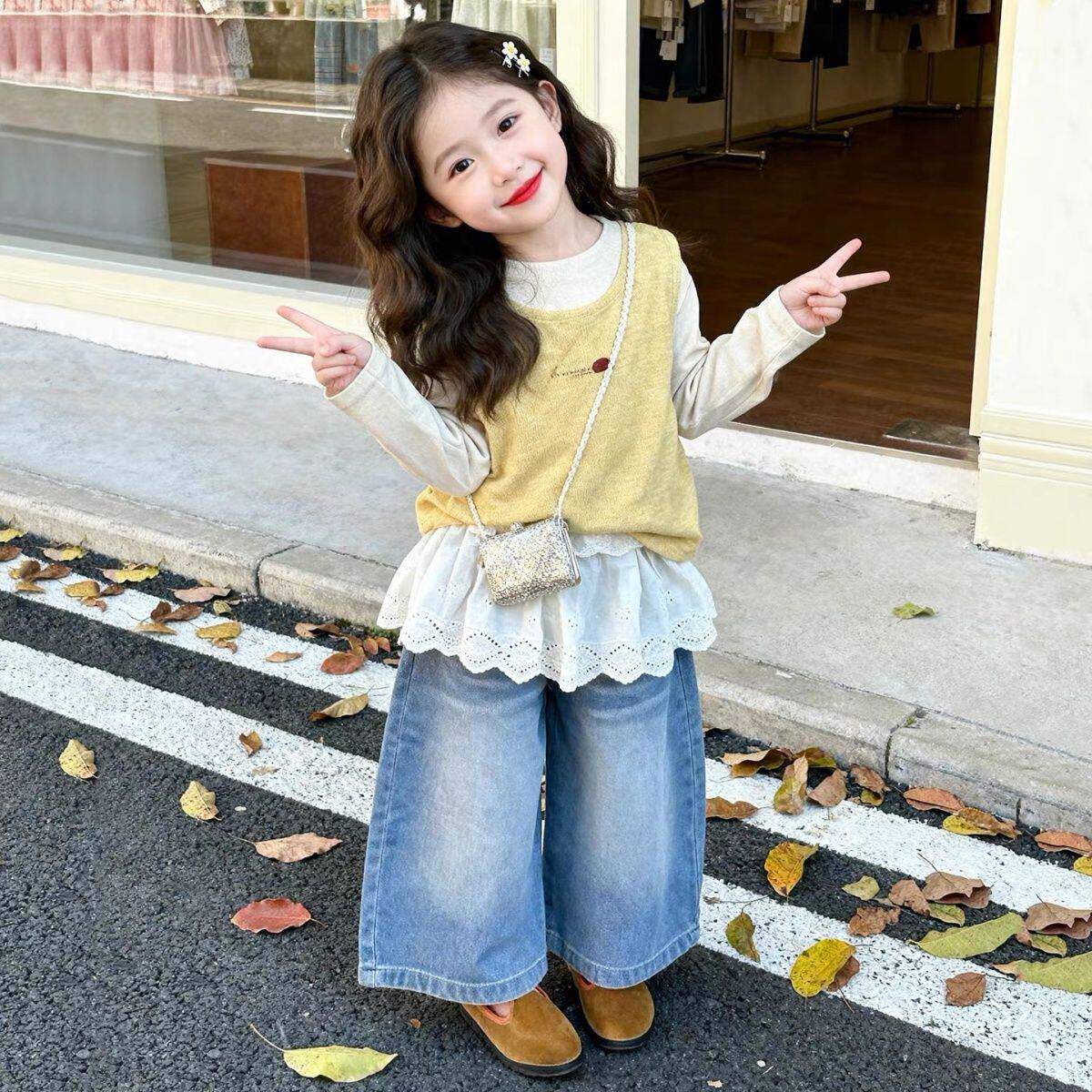 女童2026春秋新款针织吊带背心打底衫屁帘牛仔裤洋气宝宝三件套装