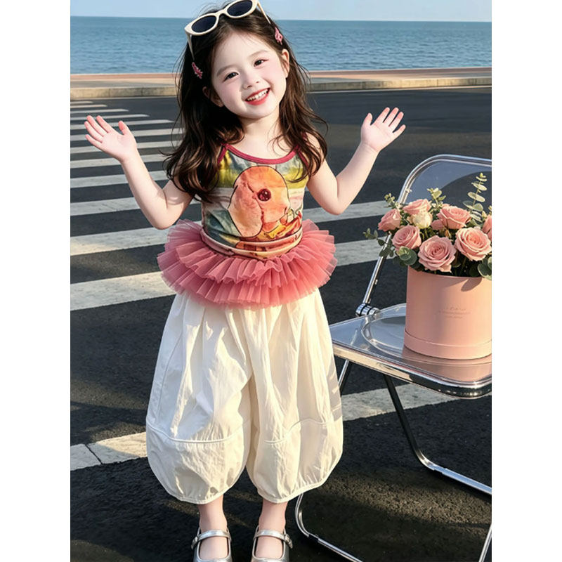 2026超火女童装套装薄款夏季儿童宝宝水果印花网纱吊带洋气阔腿裤