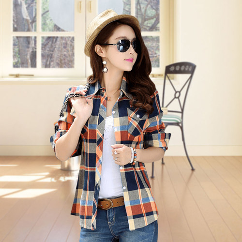 姜依轩修身长袖纯棉格子衬衫女